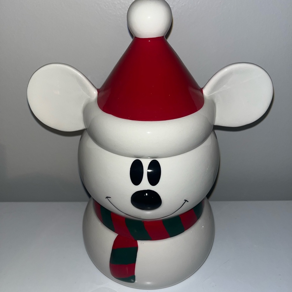 Disney Mickey Mouse snowman canister with Santa hat topper